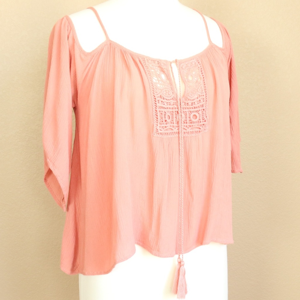 Boho Cold Shoulder Crochet Tassel Top Size M Festival Hippy